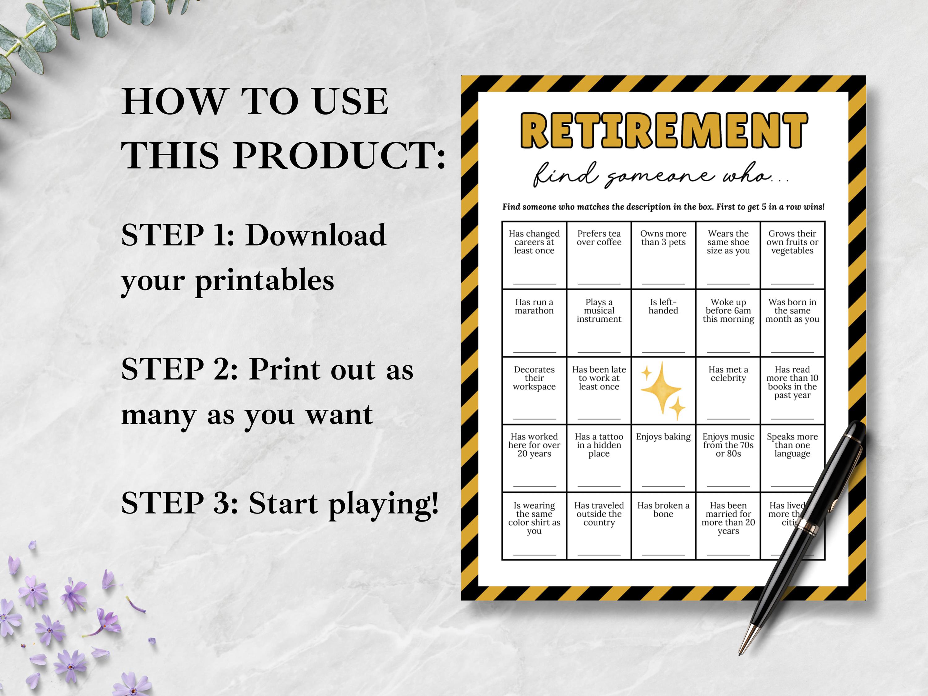 Retirement Send Off Find the Guest Retirement Bingo Game, Office Retirement Party Games ...
