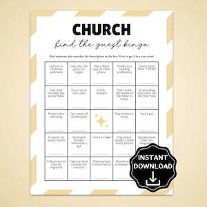 Könnte beinhalten: Ein druckbares Bingospiel mit dem Titel "CHURCH find the guest bingo" mit cremefarbenem Hintergrund und einem gold-weiß gestreiften Rand. Das Spiel enthält ein Raster mit beschreibenden Eingabeaufforderungen und eine schwarze "SOFORT-DOWNLOAD"-Grafik.
