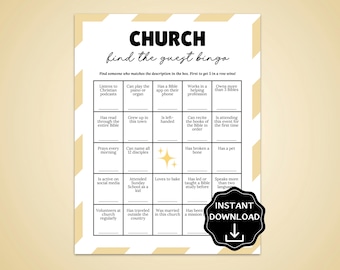 May include: A printable bingo game titled "CHURCH find the guest bingo" with a cream background and a gold and white striped border. The game includes a grid of descriptive prompts and a black "INSTANT DOWNLOAD" graphic.