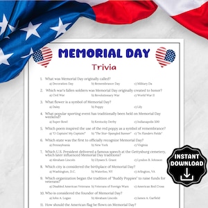Memorial Day Trivia Game, Memorial Day Games for the Office, Memorial Day Weekend Party Ideas, Printable Patriotic Games for Kids & Adults