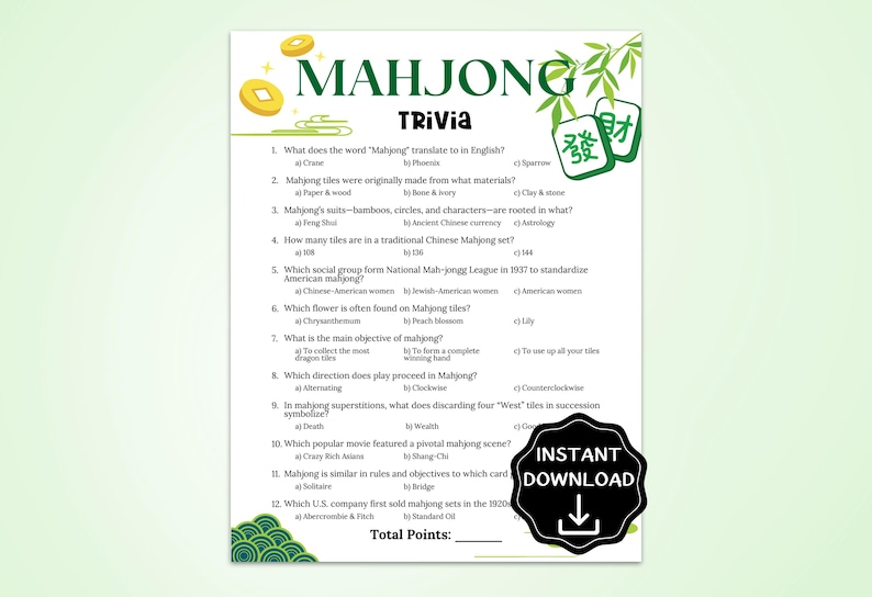 Mahjong Trivia Game, Mahjong Party Game, Mahjong Birthday Party, Girls Night Games, Printable Team Building Games, Senior Center Activity image 1
