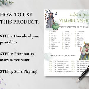 May include: A printable Halloween game to help you create a villain name. The game uses the first letter of your name and the month you were born to create a unique villain name. The printable features a witch and a cauldron.