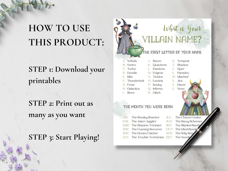 May include: A printable Halloween game to help you create a villain name. The game uses the first letter of your name and the month you were born to create a unique villain name. The printable features a witch and a cauldron.