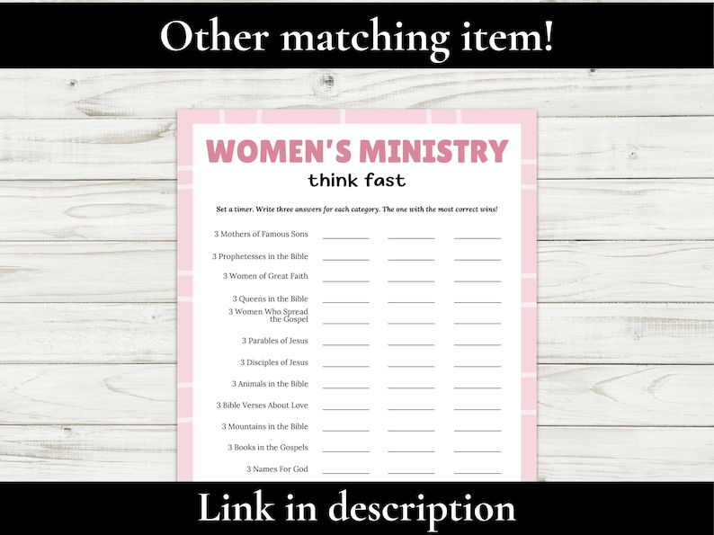 Op de afbeelding: Een roze en witte Women's Ministry-spelkaart met de tekst "think fast". De kaart bevat categorie&euml;n zoals "Moeders van beroemde zonen" en "Profetessen in de Bijbel". De tekst "Link in description" staat onderaan.