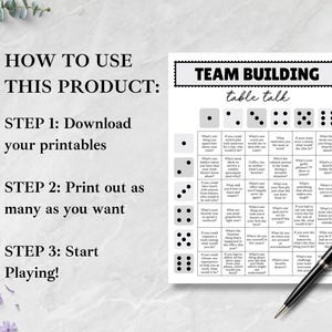 K&ouml;nnte beinhalten: Ein gedrucktes "Team Building Table Talk" Spiel mit W&uuml;rfelillustrationen und Diskussionsanregungen. Anweisungen zur Verwendung des Produkts sind ebenfalls enthalten: Herunterladen, drucken und spielen. Ein schwarzer Stift liegt auf der Seite.