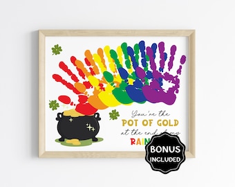 St Patrick's Day Handprint Art, Rainbow Pot of Gold Handprint Keepsake,St Patrick's Day Activity,Daycare Preschool Craft for Kids & Toddlers