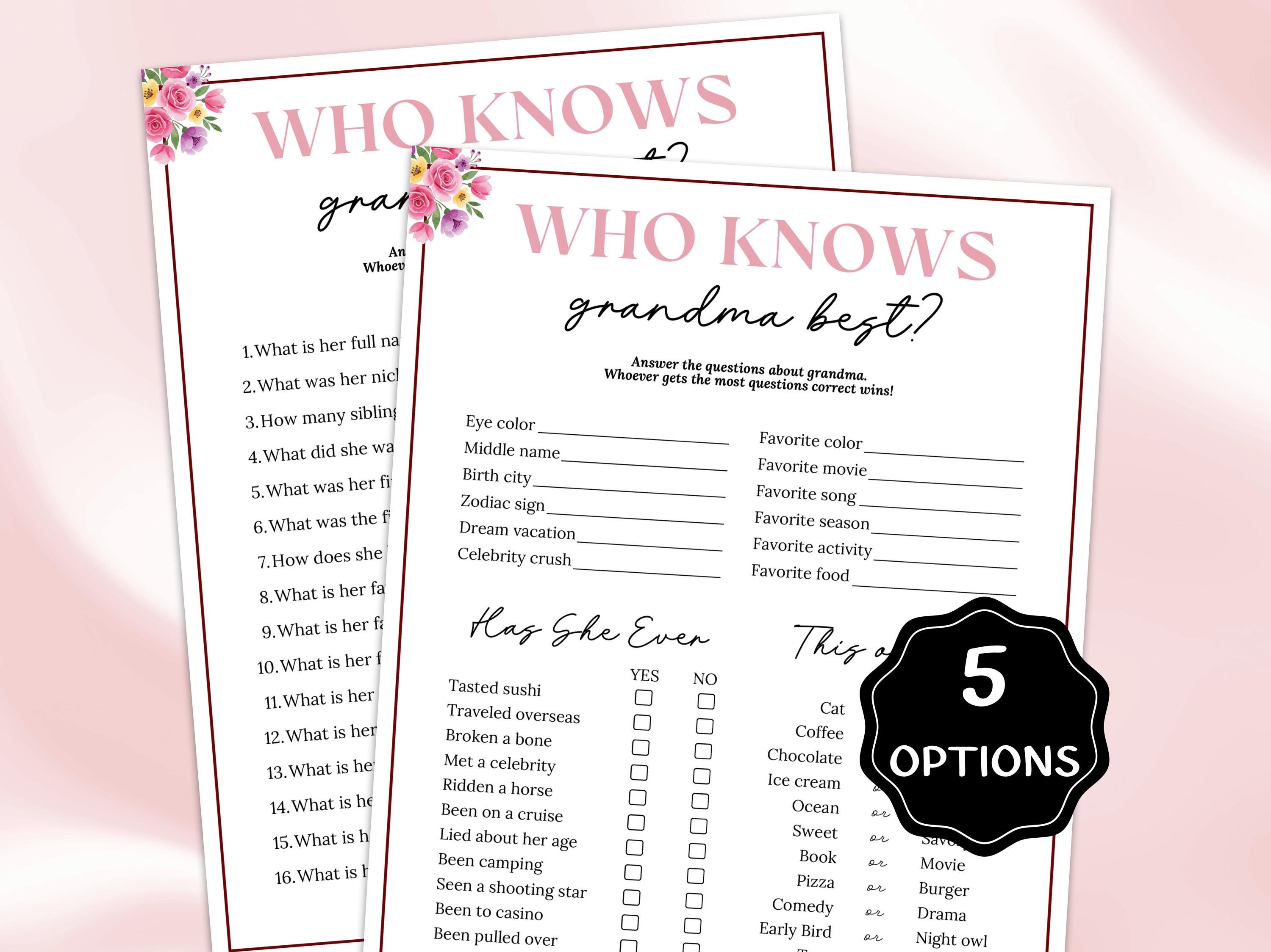 Wie kent oma het beste spel, alles over mijn oma, grootoudersdag, oma  verjaardagsfeestje, oma trivia, Moederdagspel afdrukbaar - Etsy België, image size:3000x2249