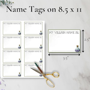 May include: Printable name tags featuring a potion bottle design. The tags are 3.5 inches wide by 2.5 inches tall and are designed to be printed on 8.5 x 11 inch paper.