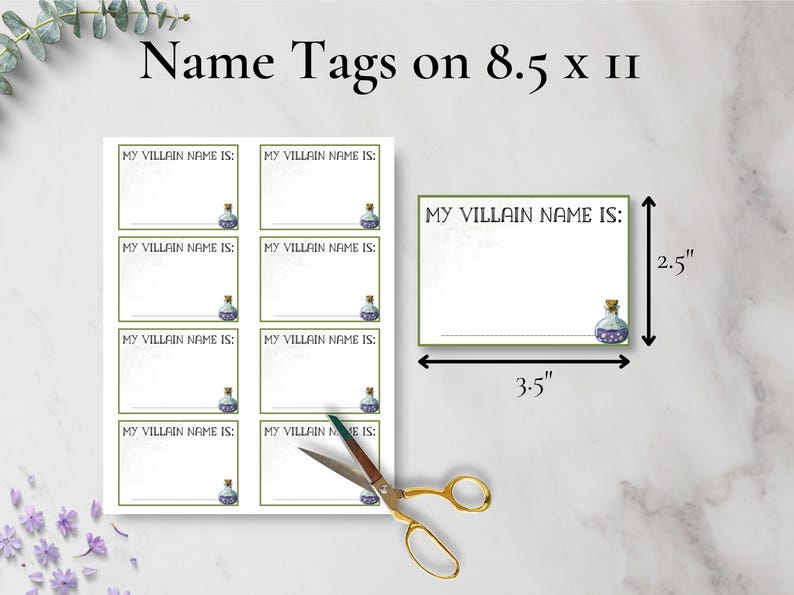 May include: Printable name tags featuring a potion bottle design. The tags are 3.5 inches wide by 2.5 inches tall and are designed to be printed on 8.5 x 11 inch paper.