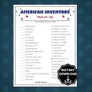 以下が含まれることがあります： 愛国的なテーマの、印刷可能な American Inventors Match Up ゲーム。このゲームは、一致させる発明と発明者のリストと、合計ポイントのセクションを備えています。背景は赤、白、青の配色です。