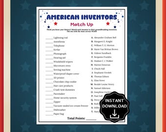 Gioco a quiz sugli inventori americani, gioco per il 4 luglio, quiz sulle invenzioni americane, attività didattica di storia americana, divertente gioco per la festa in ufficio del 4 luglio