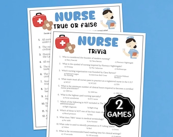 May include: Two printed game sheets featuring nurse-themed trivia and true or false questions. Each sheet displays a red medical kit, a bandage, and a cartoon nurse illustration. The top sheet is titled Nurse Trivia and includes a black badge stating 2 Games.