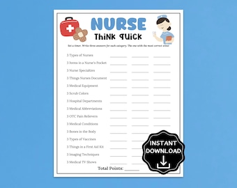 Nurse Think Quick Trivia Game, Nurse Games, Nurse Appreciation Week Activity, Nurse Grad Party Games for Nursing Students, Nurse Retirement