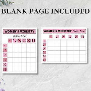 Op de afbeelding: Twee witte Women's Ministry table talk-vellen met roze dobbelsteenillustraties. De tekst "BLANK PAGE INCLUDED" staat bovenaan. De vellen hebben een raster voor het spel. De bovenkant van de vellen luidt "WOMEN'S MINISTRY table talk".