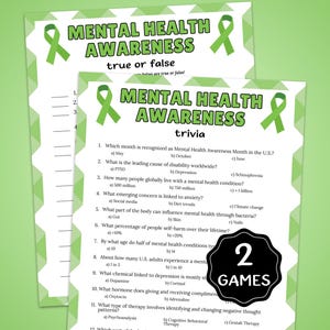 May include: Two Mental Health Awareness games are displayed, one true or false and one trivia. The games feature green ribbons and the text "Mental Health Awareness". The trivia game includes questions about mental health.