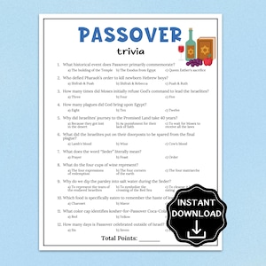 May include: A Passover trivia game sheet with questions and answers, featuring illustrations of wine, a bottle, and a book. The title "Passover trivia" is in blue. The sheet is designed for an instant download.