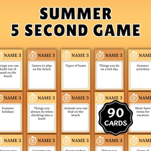 May include: A card game called "SUMMER 5 SECOND GAME" with 90 cards. The cards are tan with white text, featuring summer-themed prompts like "Things you can build out of sand on the beach." A black circle reads "90 CARDS."
