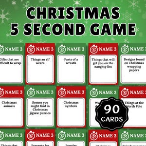 May include: A Christmas-themed game with a green background and white snowflake accents. The game features cards with prompts like "Gifts that are difficult to wrap" and "Things an elf wears." The game includes 90 cards.
