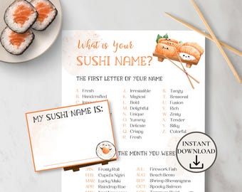 What&#39;s Your Sushi Name with Name Tags, Sushi Party, Fun Printable Game for Sushi Dinner Party, Sushi Birthday Party, Sushi Baby Shower