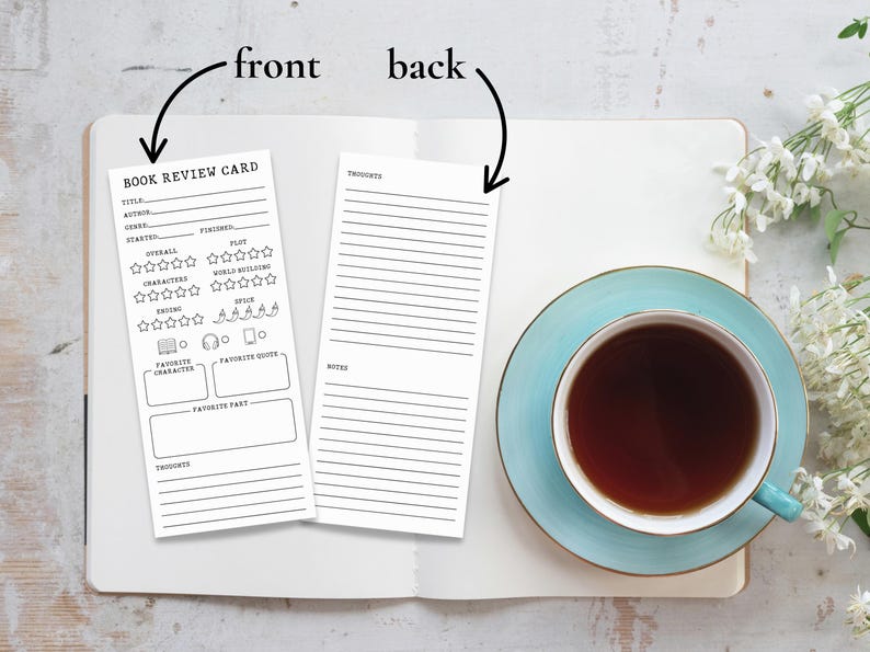 May include: Two white book review cards with black text sit on an open notebook. The front card has sections for title, author, and ratings. The back card has lines for thoughts and notes. A cup of tea on a blue saucer is in the image.