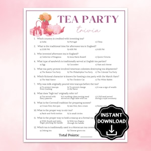 Op de afbeelding: Een roze en witte tea party trivia game met een bloemenillustratie. De tekst luidt "TEA PARTY trivia" en bevat meerkeuzevragen over theetradities. Een "INSTANT DOWNLOAD" afbeelding staat rechtsonder.