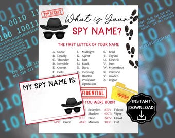 What&#39;s Your Spy Name Game with Name Tags, Spy Themed Party Game for Kids & Adults, Secret Agent Birthday Party Ideas,Spy Birthday Party Quiz