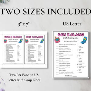 May include: Two Gen Z Slang match-up game printables. One is 5" x 7" and the other is US Letter size. The game features a pink retro phone graphic and a blue flip phone graphic. The text reads "GEN Z SLANG match up game".