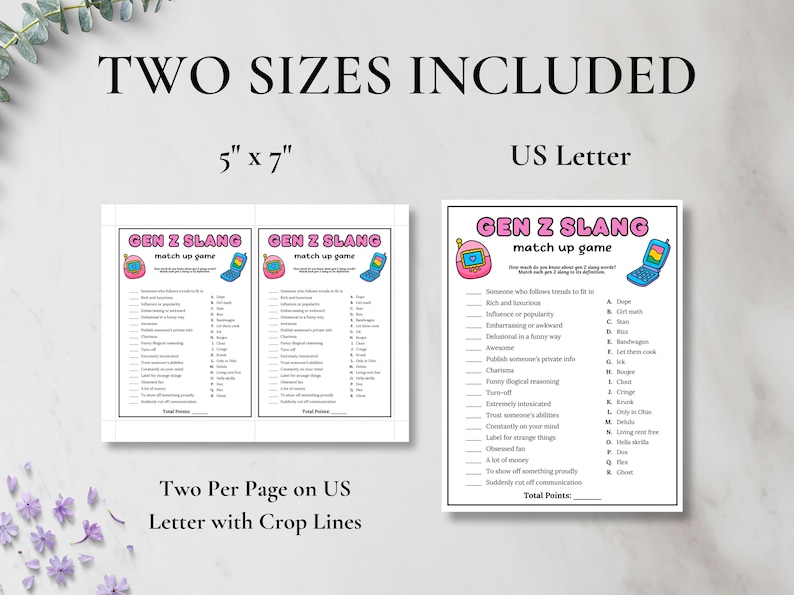 May include: Two Gen Z Slang match-up game printables. One is 5" x 7" and the other is US Letter size. The game features a pink retro phone graphic and a blue flip phone graphic. The text reads "GEN Z SLANG match up game".