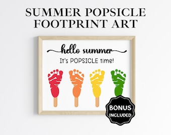 May include: A framed print with the text "SUMMER POPSICLE FOOTPRINT ART" and "hello summer, It's POPSICLE time!". The artwork features four colorful popsicle designs made from footprints in red, orange, yellow, and green. A black bonus sticker is included.