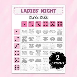 Puede incluir: Un juego de mesa Ladies' Night rosa y blanco con dados y preguntas de conversación. El juego incluye preguntas como "¿Qué canción siempre te hace bailar?" y "¿Cuál es la cosa más espontánea que has hecho?" Incluye dos opciones.