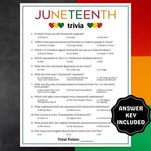Pode incluir: Um jogo de perguntas e respostas sobre Juneteenth para imprimir com 12 perguntas de múltipla escolha. O jogo foi projetado para testar o conhecimento sobre a história do Juneteenth, incluindo a data, o local e o significado do feriado. A chave de respostas está incluída.