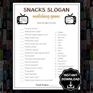 Snack-Slogan-Trivia-Spiel, TV-Werbung, Familien-Spielabend, Snacks-Partyspiel für Kinder und Erwachsene, lustige Büro-Party-Ideen