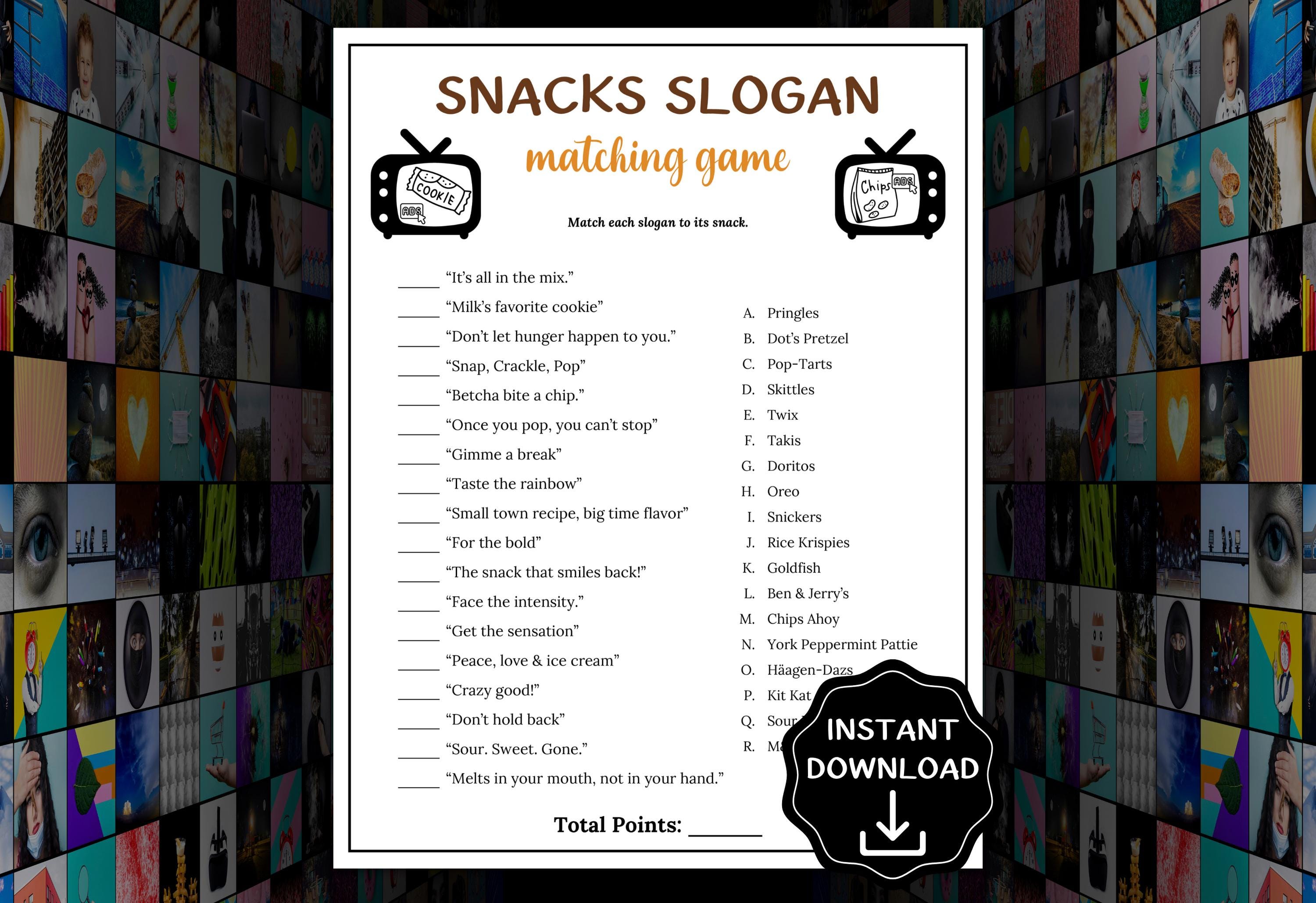 Snack Slogan Trivia Game, TV Commercial Slogan Trivia Game, Family Game Night, Snacks Party Game for Kids & Adults, Fun Office Party Ideas