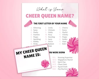 May include: A pink and white printable game sheet titled "What is Your Cheer Queen Name?" with a list of names and a space to write the answer. Includes pink pom-pom and megaphone graphics.