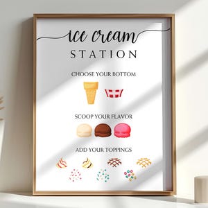 May include: A framed sign with the words "ice cream STATION" in elegant script. The sign guides choices with illustrations of cones, bowls, and ice cream scoops in vanilla, chocolate, and strawberry. Toppings are also illustrated.