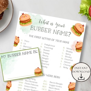 What&#39;s Your Burger Name with Name Tags, BBQ Party Game, BBQ Baby Shower Game, Hamburger Birthday Party Game, Office Party Game