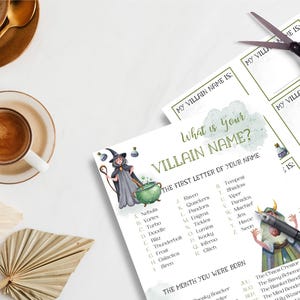 May include: A printable Halloween party game with a witch and a cauldron illustration. The game asks "What is your Villain Name?" and instructs players to use the first letter of their name and the month they were born to find their villain name.