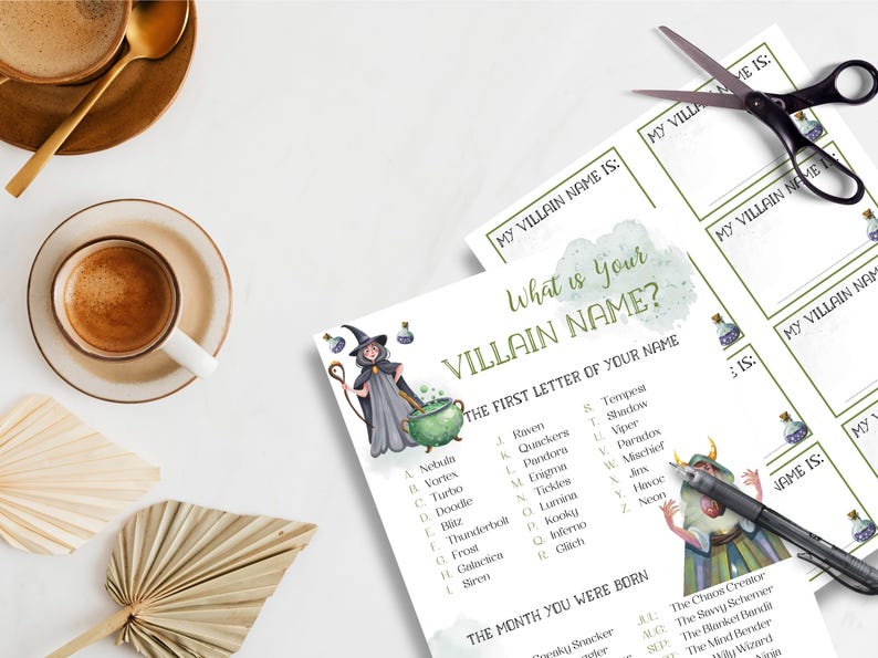 May include: A printable Halloween party game with a witch and a cauldron illustration. The game asks "What is your Villain Name?" and instructs players to use the first letter of their name and the month they were born to find their villain name.