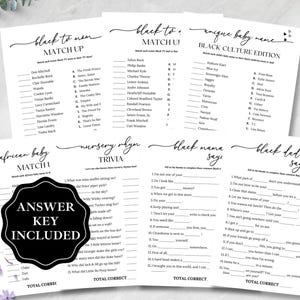 May include: A collection of black and white baby shower games, including trivia and matching games. The games feature various themes and include an answer key. The text on the games is in a handwritten style font.