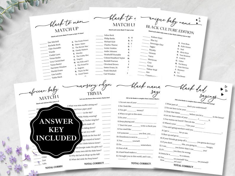 May include: A collection of black and white baby shower games, including trivia and matching games. The games feature various themes and include an answer key. The text on the games is in a handwritten style font.
