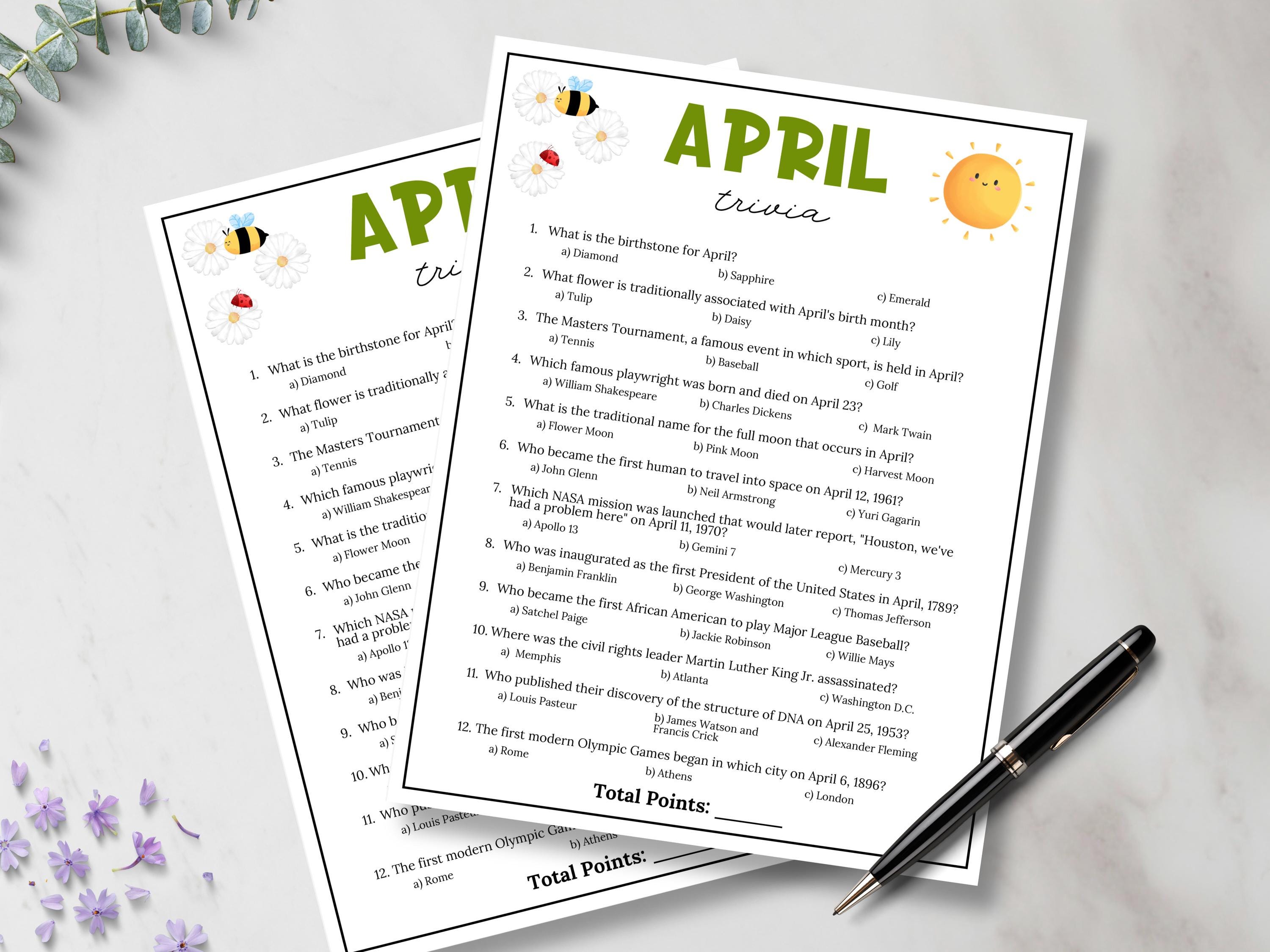April Trivia Game, Monthly Trivia Questions, April Games, Spring Games ...