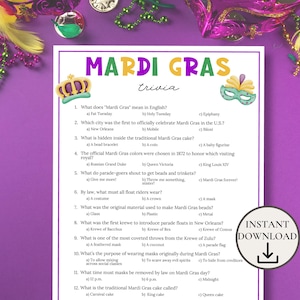Mardi Gras Trivia Game, Mardi Gras Party Games for Adults & Kids, Mardi Gras Games for Seniors, Mardi Gras Office Activities, Fat Tuesday