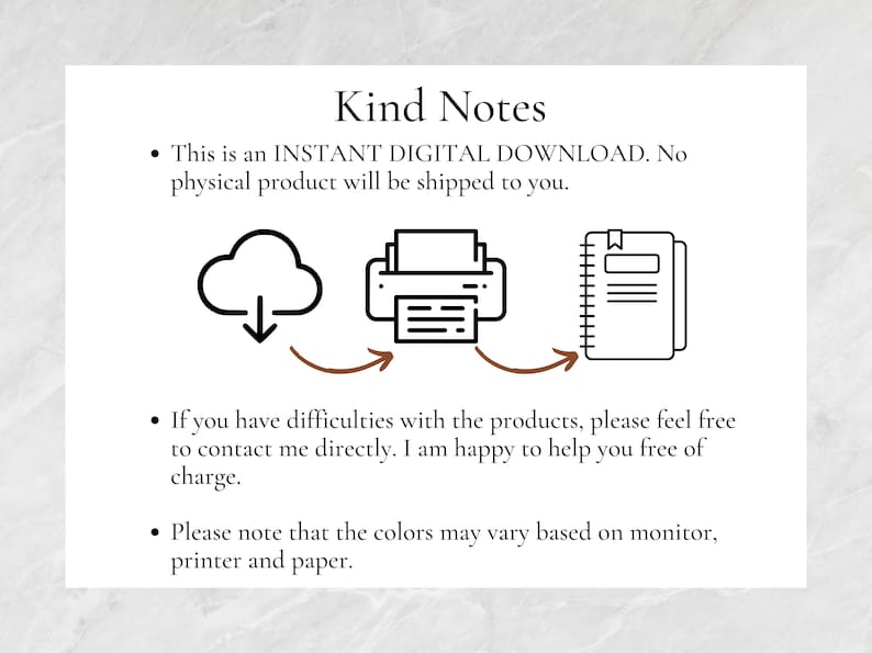 May include: A digital download icon with a cloud, a printer, and a notebook. The text reads "Kind Notes" and includes information about the digital download and customer support.