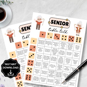 May include: Two printable "Senior Table Talk" game sheets with dice illustrations and conversation prompts. The sheets are white with orange and brown accents, and feature the text "INSTANT DOWNLOAD". A cup of coffee and a pen are also visible.