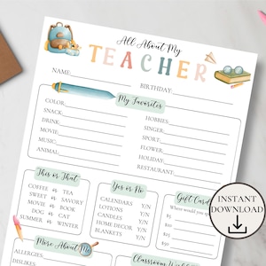All About My Teacher, Get To Know My Teacher Questions, Teacher Favorites Things, Teacher Survey Questions, Teacher Appreciation Gift Ideas