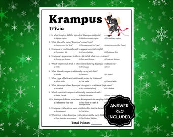 May include: A white rectangular Krampus trivia game sheet with black text, twelve multiple-choice questions, and a small illustration of a black Krampus figure. A black scalloped badge in the bottom right corner reads Answer Key Included.