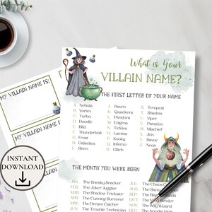 May include: A printable Halloween party game with a green, white, and black color scheme. The game asks "What is your Villain Name?" and provides instructions to determine the name based on the first letter of your name and the month you were born. The game features illustrations of a witch and a goblin.