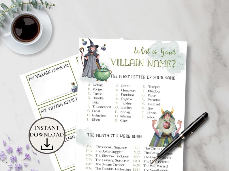 May include: A printable Halloween party game with a green, white, and black color scheme. The game asks "What is your Villain Name?" and provides instructions to determine the name based on the first letter of your name and the month you were born. The game features illustrations of a witch and a goblin.