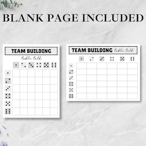 K&ouml;nnte beinhalten: Zwei wei&szlig;e Team Building Tischgespr&auml;ch-Spielbl&auml;tter mit W&uuml;rfelillustrationen und Rasterlayouts. Der Text &bdquo;BLANK PAGE INCLUDED&ldquo; steht oben. Die Spielbl&auml;tter haben oben den Text &bdquo;TEAM BUILDING table talk&ldquo;.