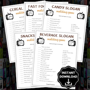 May include: A collection of printable matching games, including Cereal, Fast Food, Candy Slogan, Snacks, and Beverage Slogan. Each game features a retro TV graphic and the words "matching game". A black and white "Instant Download" graphic is also present.